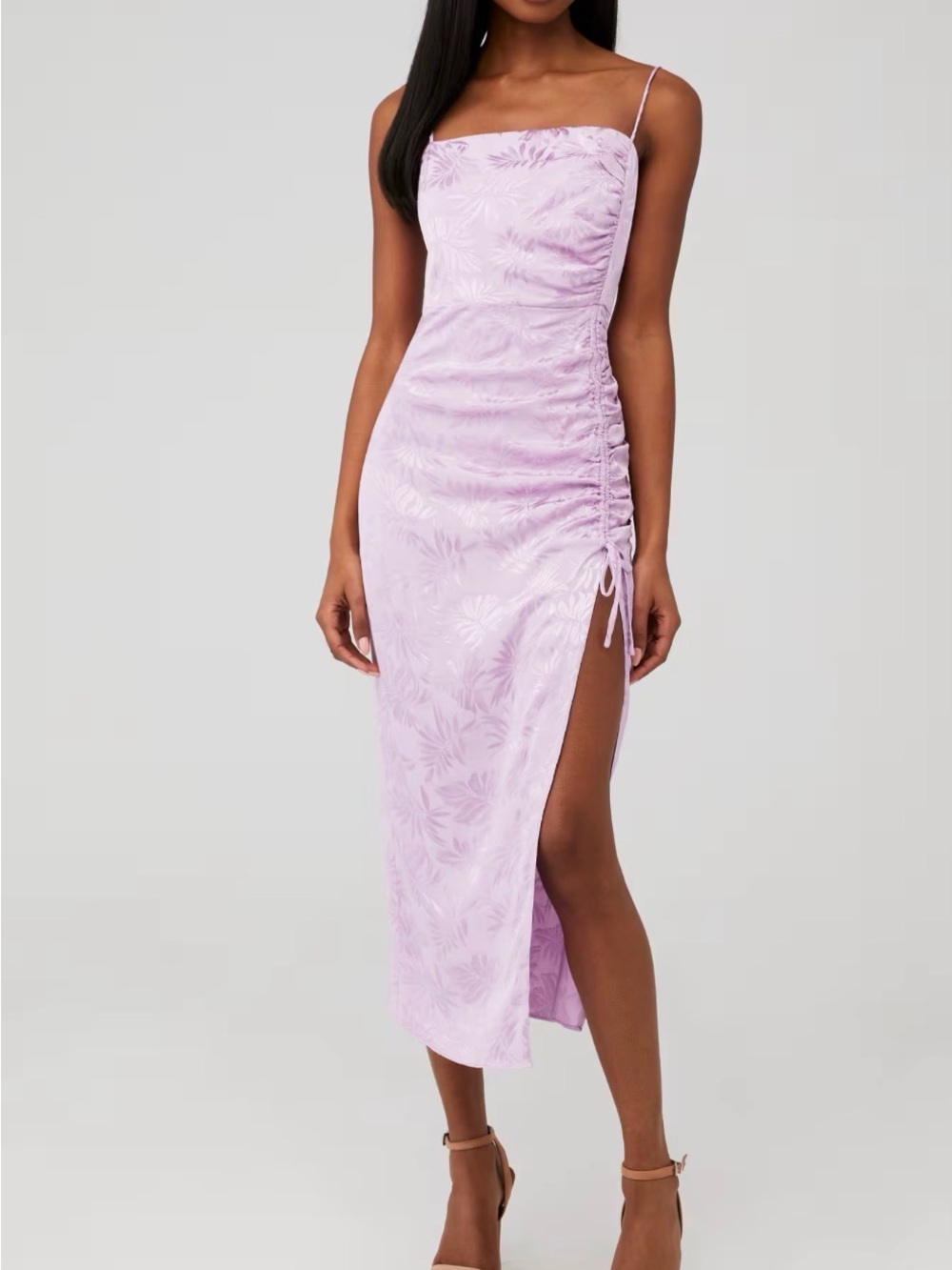 Lilac Spaghetti-Strap Ruched Side Midi Dress